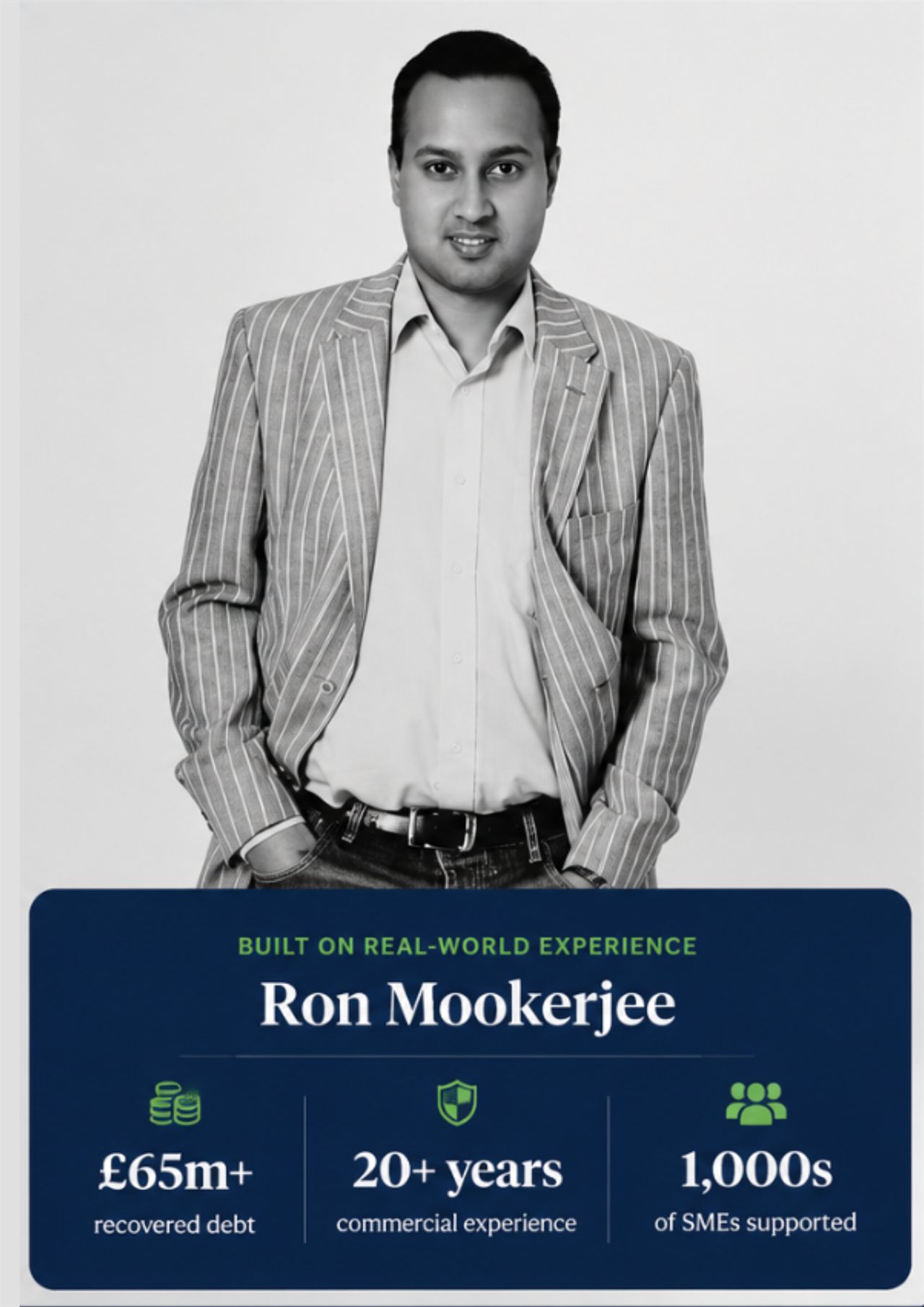 TalktoRon founder portrait of Ron Mookerjee commercial debt recovery and personal guarantee advisor in a bright office