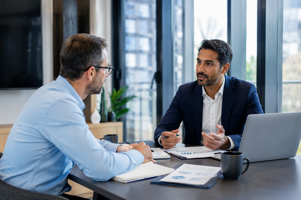 TalktoRon commercial advisor consultation helping a business owner protect cash flow in a modern office